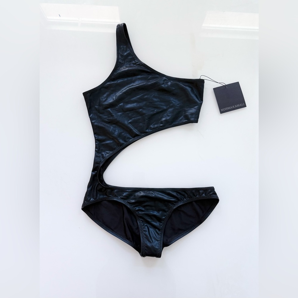 NWT Norma Kamali Shane Cutout One Piece Swimsuit Shiny Black Size L - Picture 2 of 8